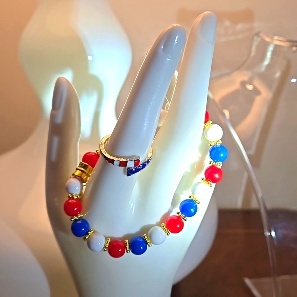 2 pc set Patriotic Bracelet and Adjustable Ring Festive Red White & Blue